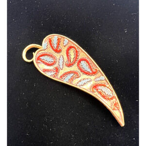 Signed KARU Turquoise Coral Enamel Abstract Paisley Retro Gold Plated Brooch VTG
